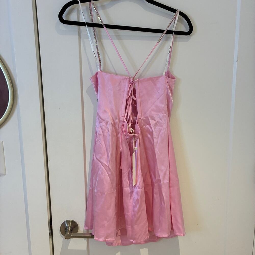 NWT For Love & Lemons Pink Satin Rhinestone Trim Elora Mini Dress Lg MSRP $239 - Picture 5 of 12